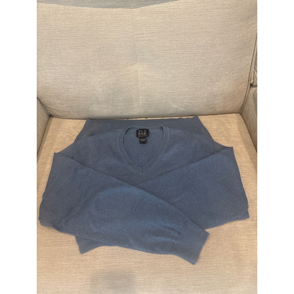 JOS A BANK Mens V Neck Sweater L Blue 100% Pima‎ Cotton Signature Collection